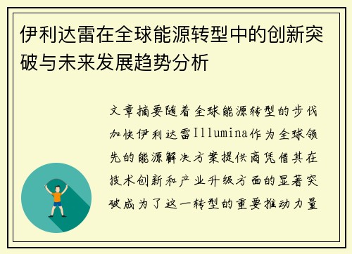 伊利达雷在全球能源转型中的创新突破与未来发展趋势分析